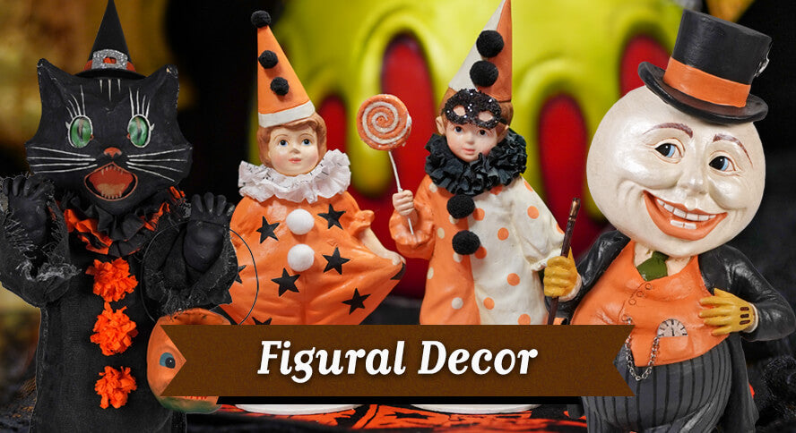 Halloween figural décor featuring vintage-inspired Halloween clowns, the Scaredy Cat by Bethany Lowe, and the Mr. Moon figure.