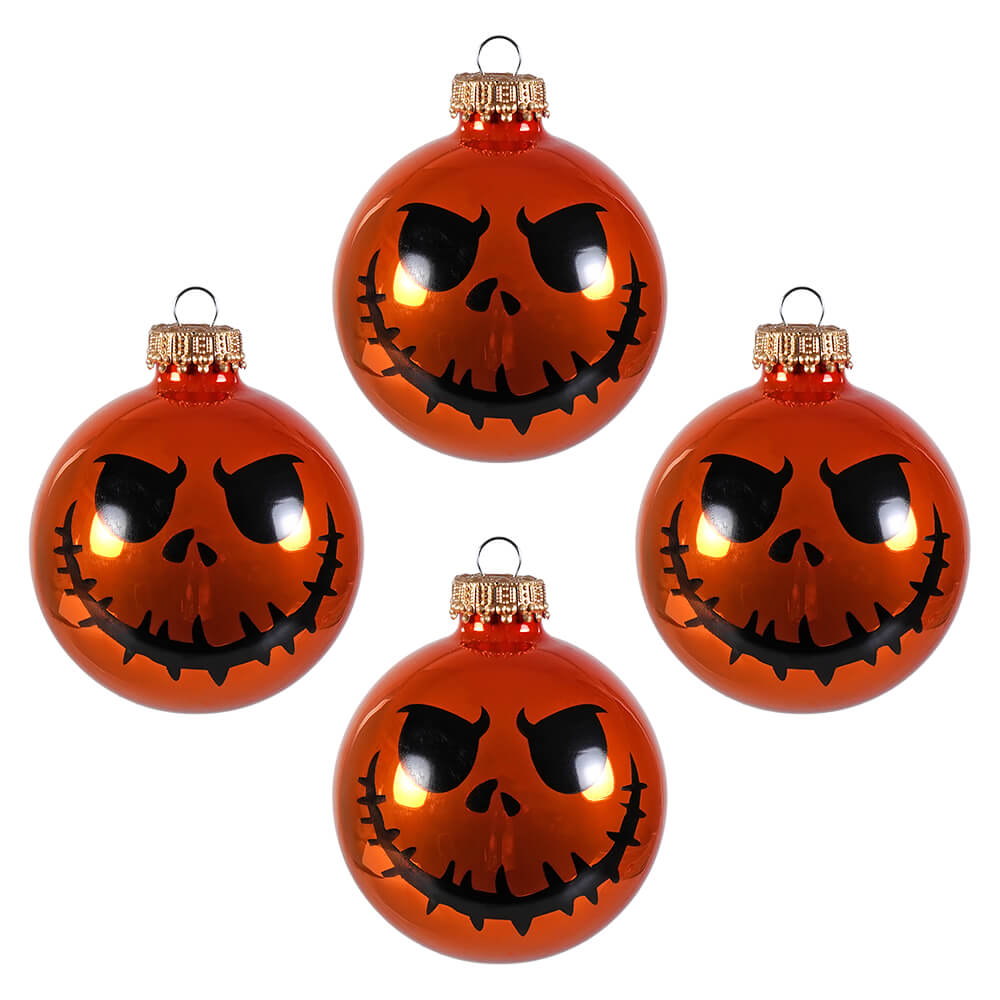 Scary Face Orange Ball Ornaments Set/4