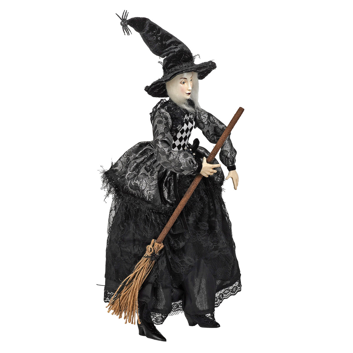 25" Sitting Posable Witch With Black & Silver Dress Holding Broom