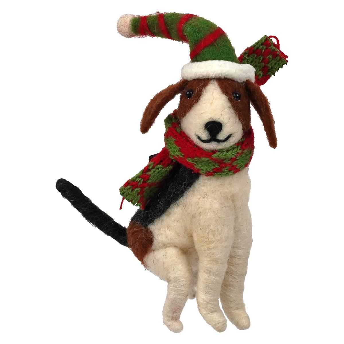 6" Wool Dog With Striped Elf Hat