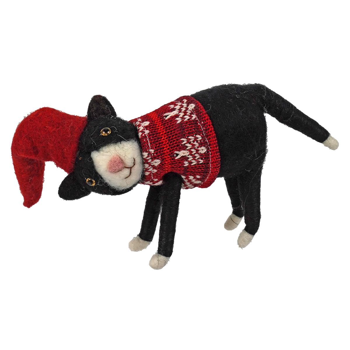 5.5" Wool Black & White Cat With Red Hat & Sweater
