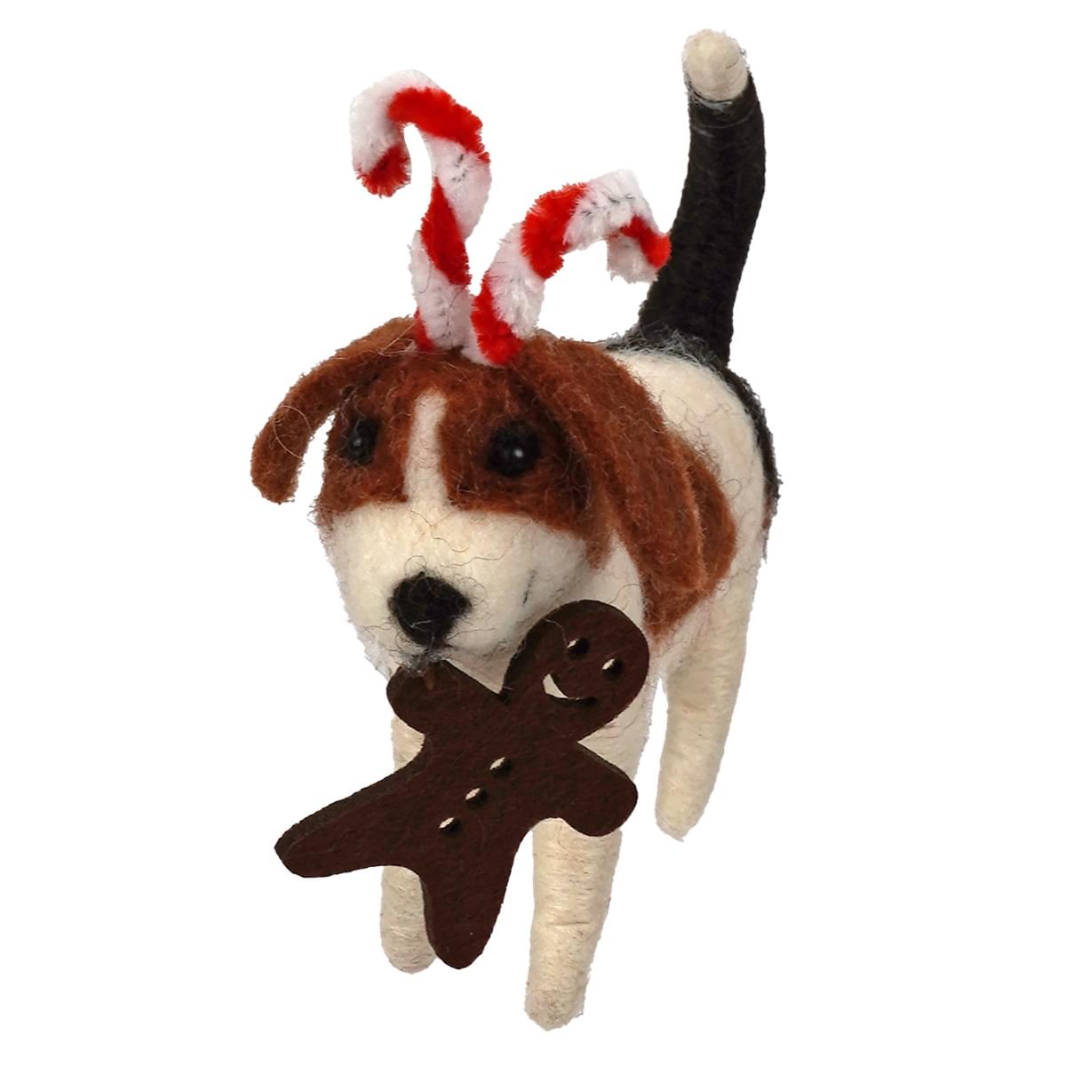 5" Wool Candy Cane Antlers Beagle With Gingerbread Man