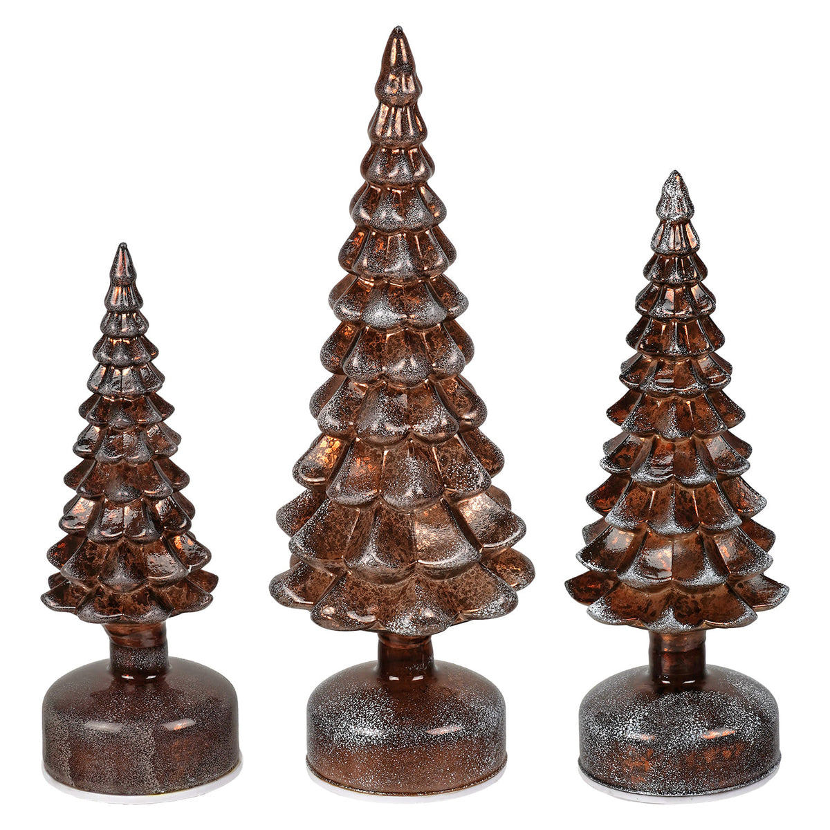Lighted Rotating Base Frosted Copper Mercury Glass Trees Set/3