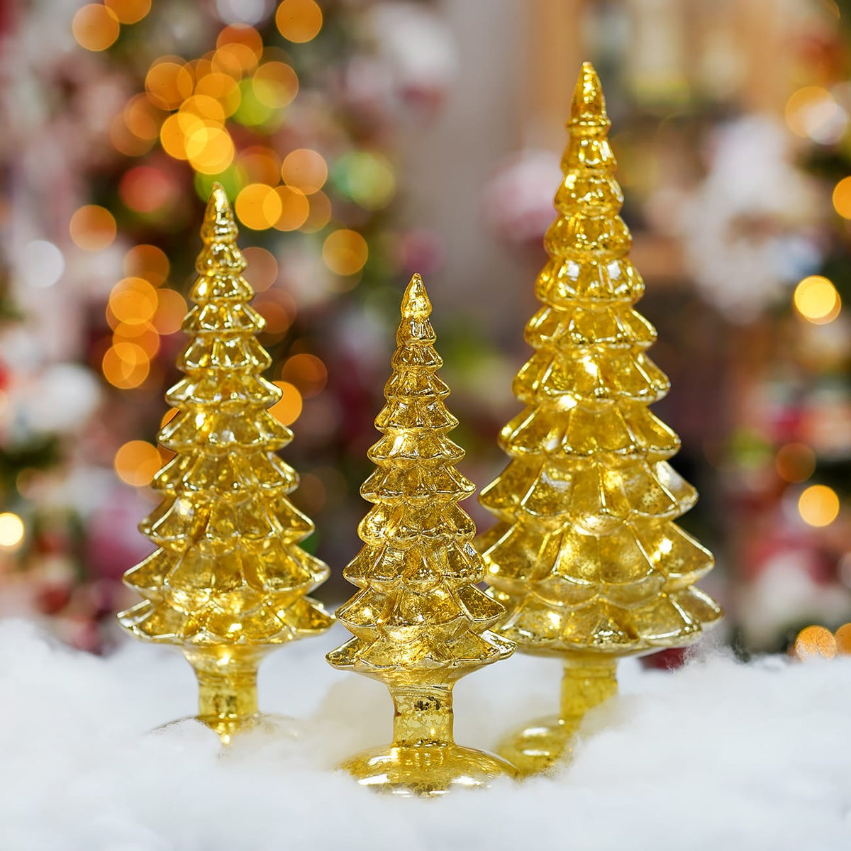 Lighted Rotating Base Frosted Gold Mercury Glass Trees Set/3