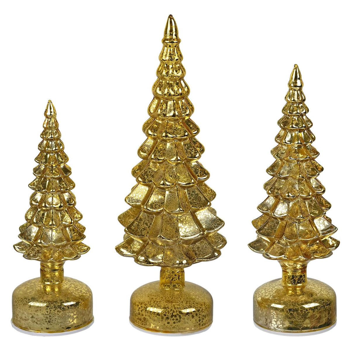 Lighted Rotating Base Frosted Gold Mercury Glass Trees Set/3