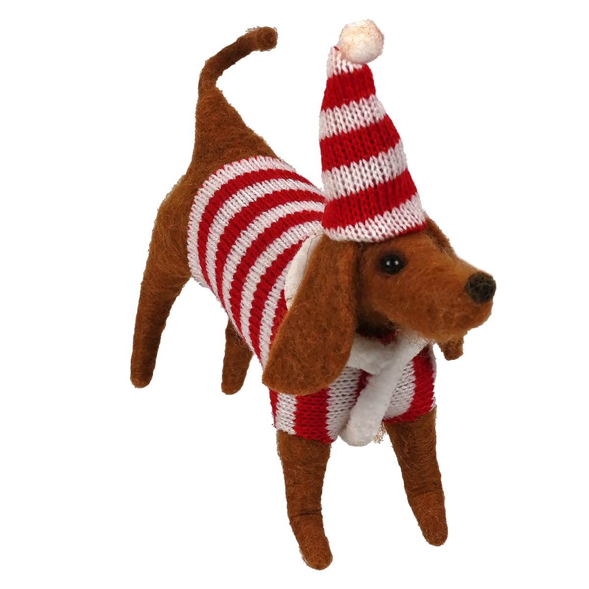 6.5" Wool Dog With Striped Hat & Sweater