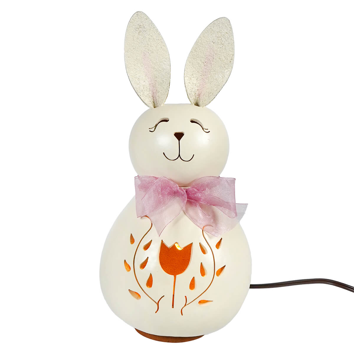 Lighted Medium White Poppy Bunny Gourd With Tulip & Vines Cutout