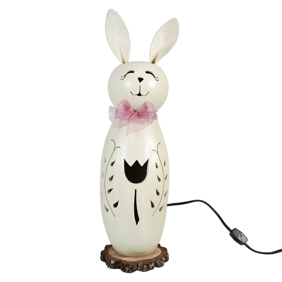 Lighted Large Tall White Poppy Bunny Gourd With Tulip Cutout