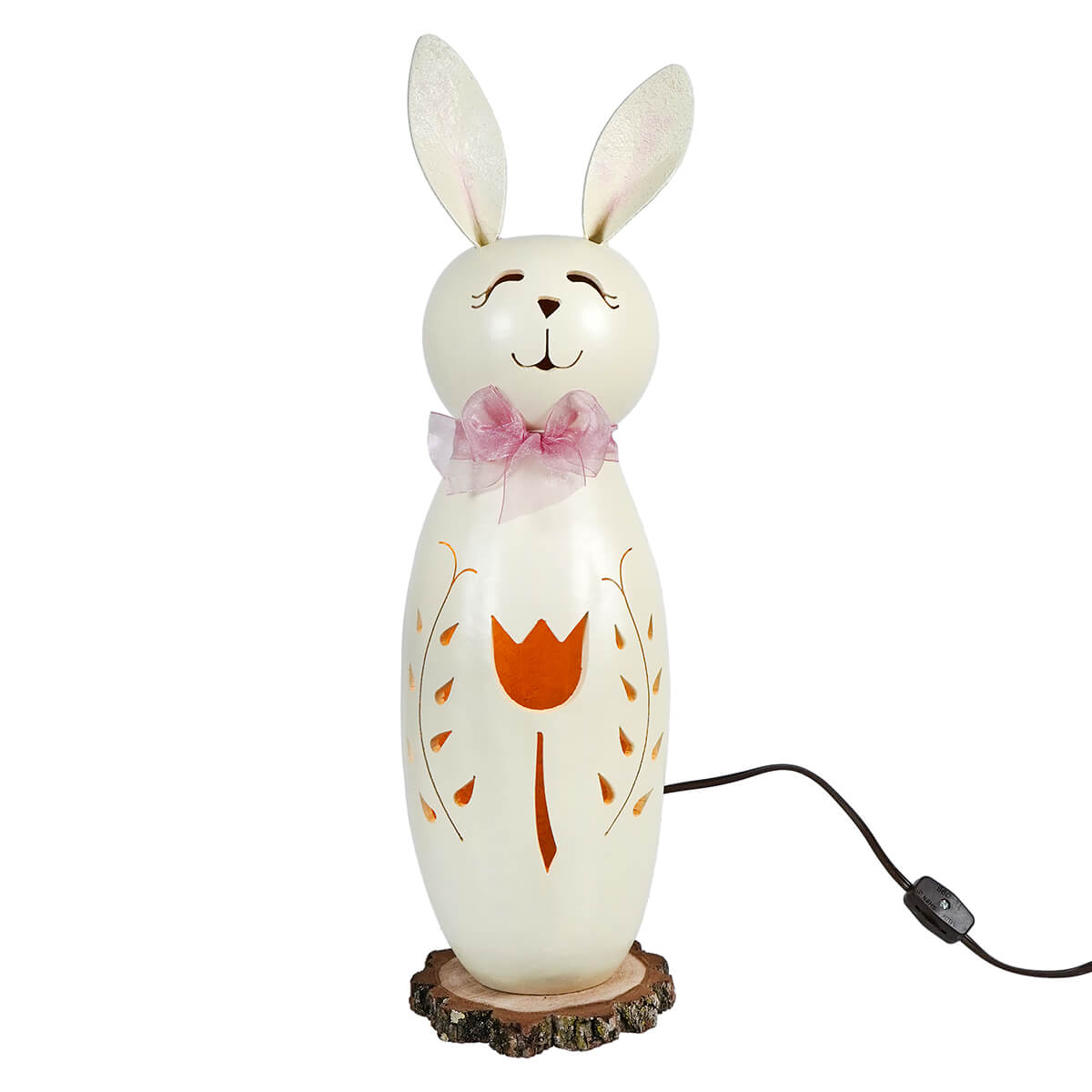 Lighted Large Tall White Poppy Bunny Gourd With Tulip Cutout