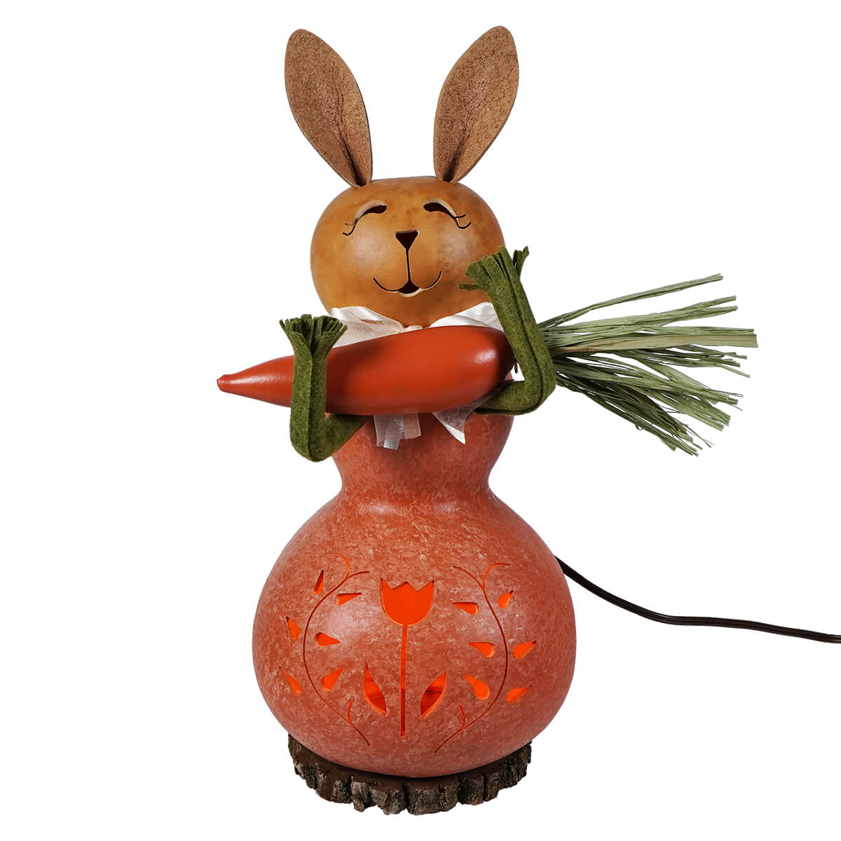 Lighted Orange Willow Bunny Gourd With Tulip Cutout Holding Carrot
