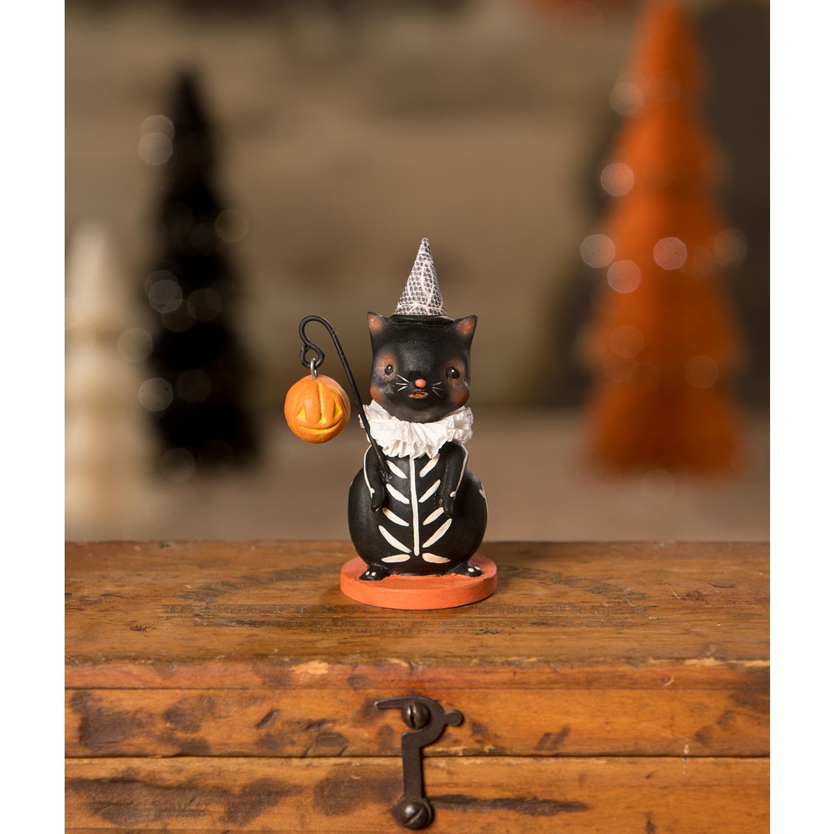 Skeleton Cat with Pumpkin Lantern