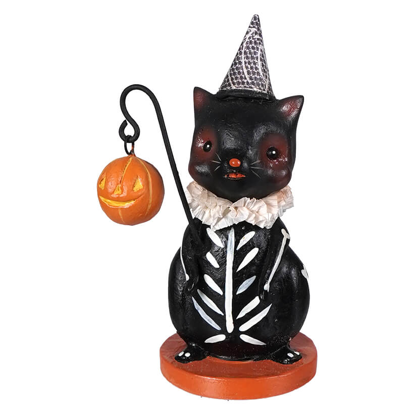 Skeleton Cat with Pumpkin Lantern