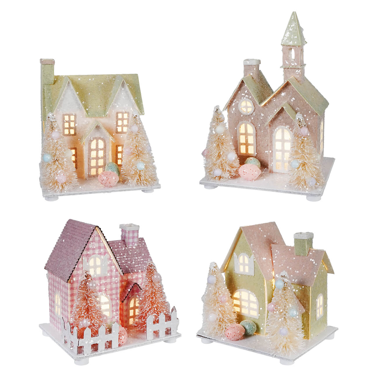 Lighted Pastel Easter Houses With Timer Set/4