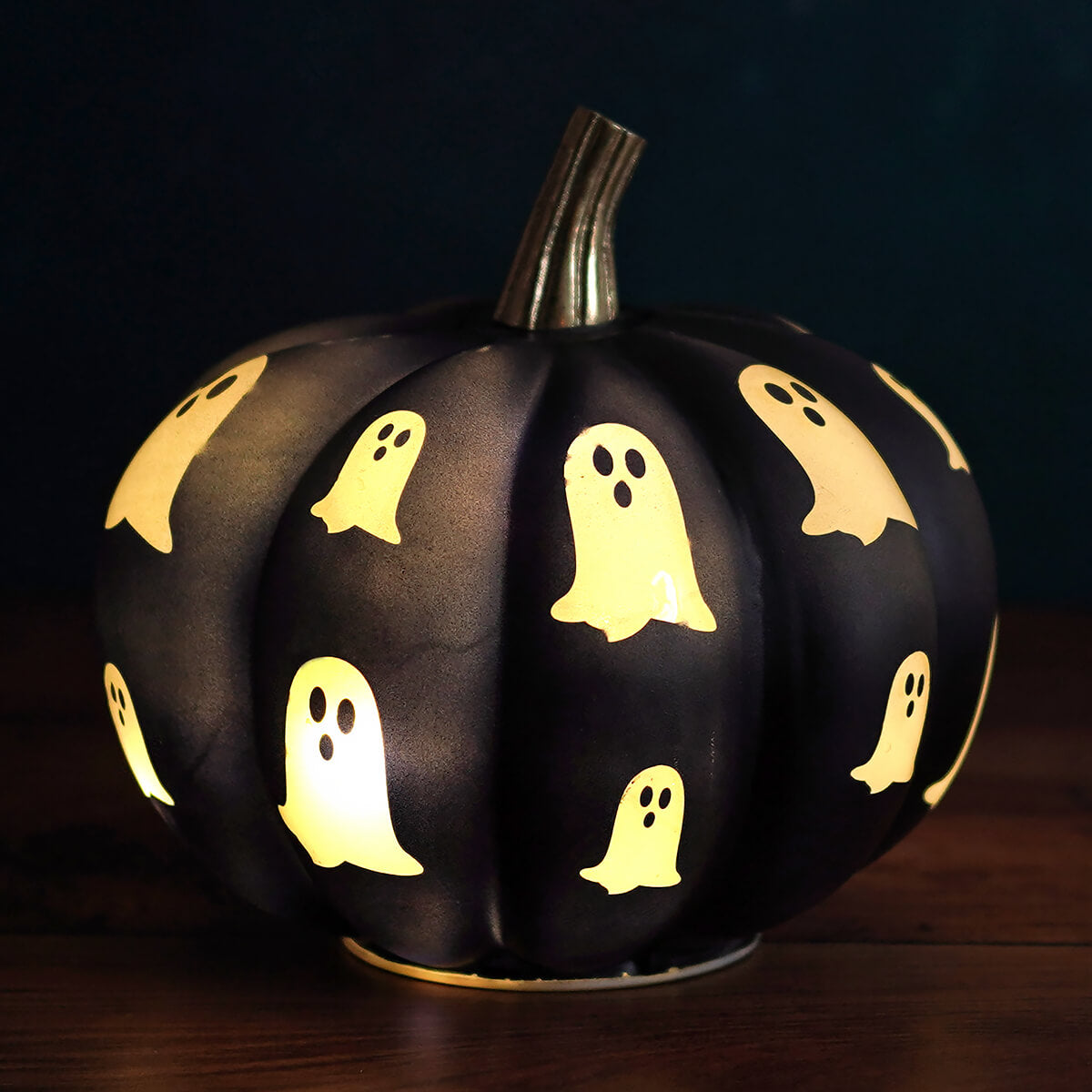 7" Lighted Glass Black Pumpkin With Spooky Ghosts