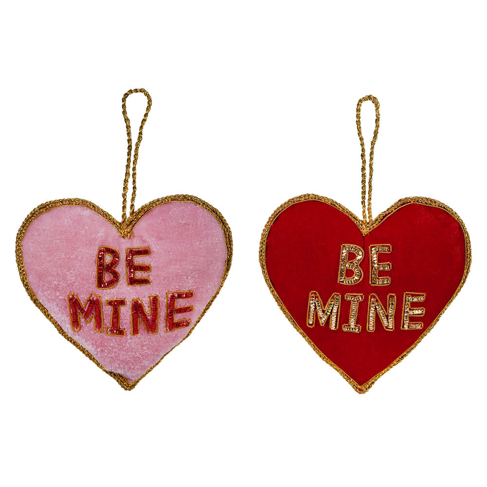 Velvet Embroidered Pink & Red "Be Mine" Heart Ornaments