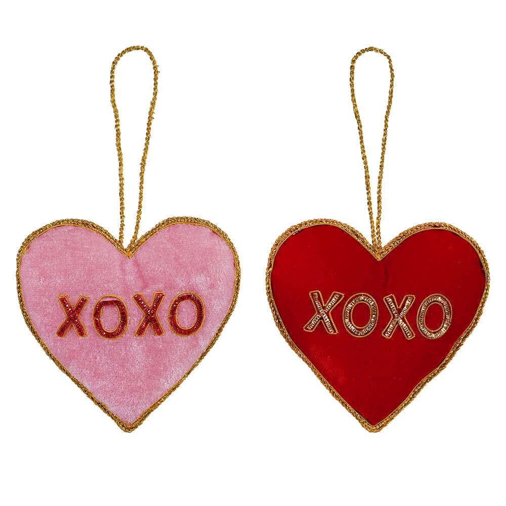 Velvet Red & Pink Embroidered "XOXO" Heart Ornaments Set/2