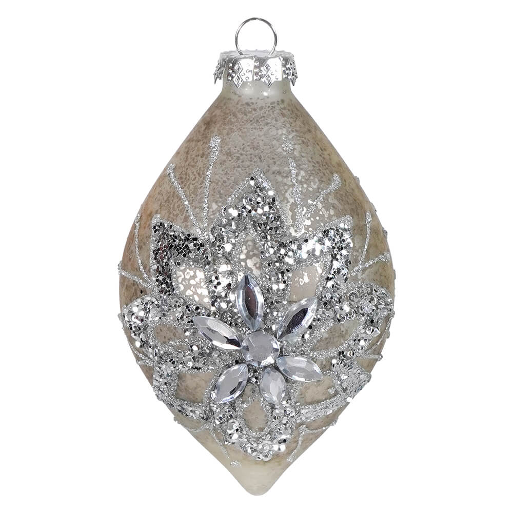 Silver Jeweled Mercury Glass Floral Design Finial Ornament