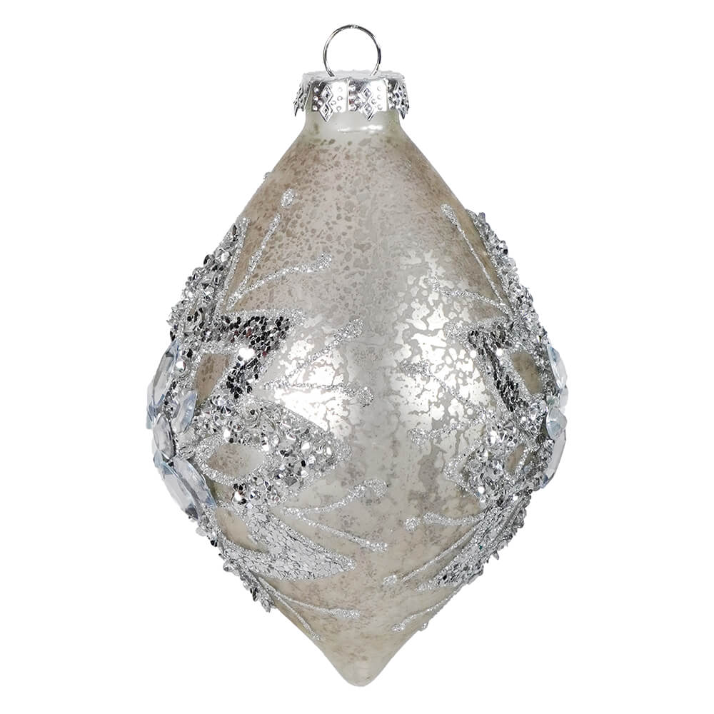 Silver Jeweled Mercury Glass Floral Design Finial Ornament