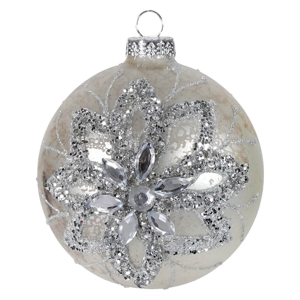 Silver Jeweled Mercury Glass Floral Design Ball Ornament
