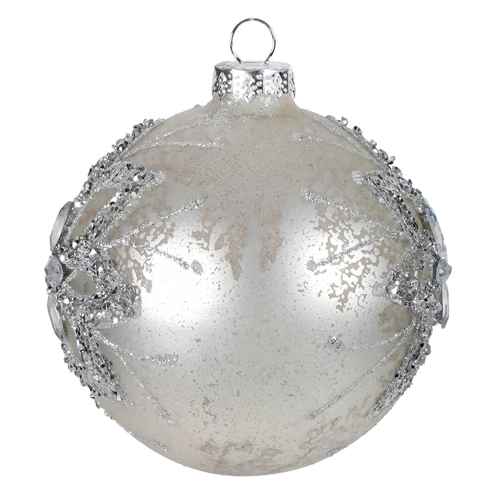 Silver Jeweled Mercury Glass Floral Design Ball Ornament