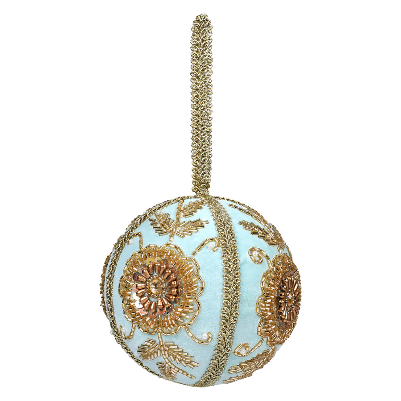 4" Beaded Floral Design Blue Velvet Ball Ornament