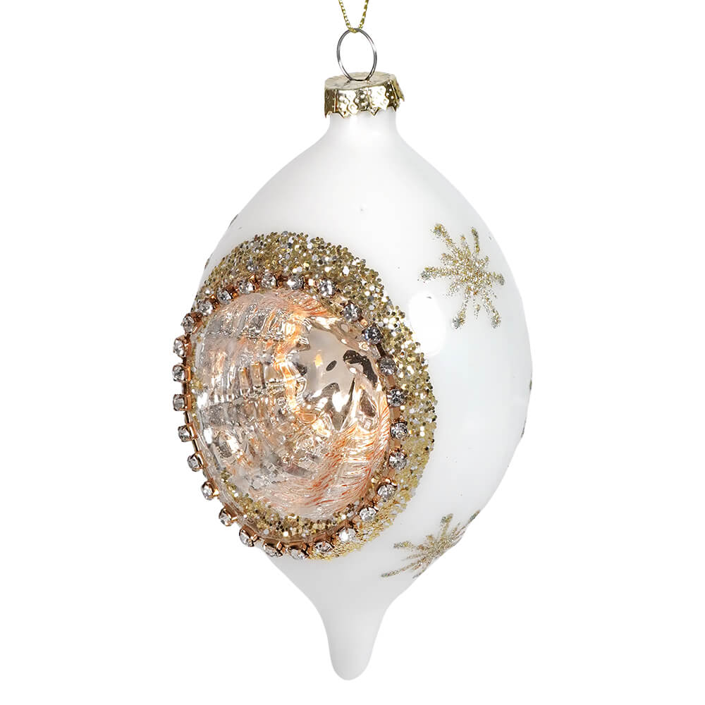 White & Gold Glass Reflector Snowflake Finial Ornament