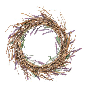 A rustic lavender wreath made of brown twigs with purple flowers perfect for vintage easter spring hanging decor