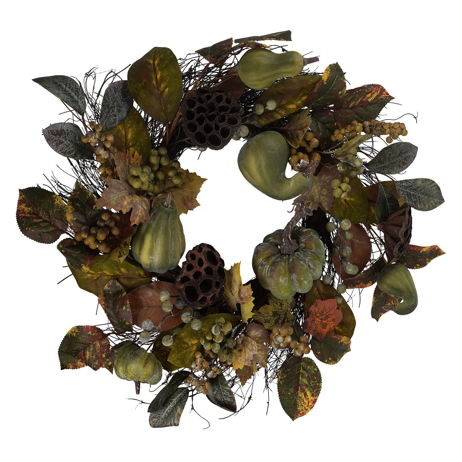 An autumn-themed artificial wreath featuring faux gourds, lotus pods, berries, and fall leaves in muted shades of green, brown, and orange on a plain white background.