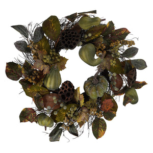 An autumn-themed artificial wreath featuring faux gourds, lotus pods, berries, and fall leaves in muted shades of green, brown, and orange on a plain white background.