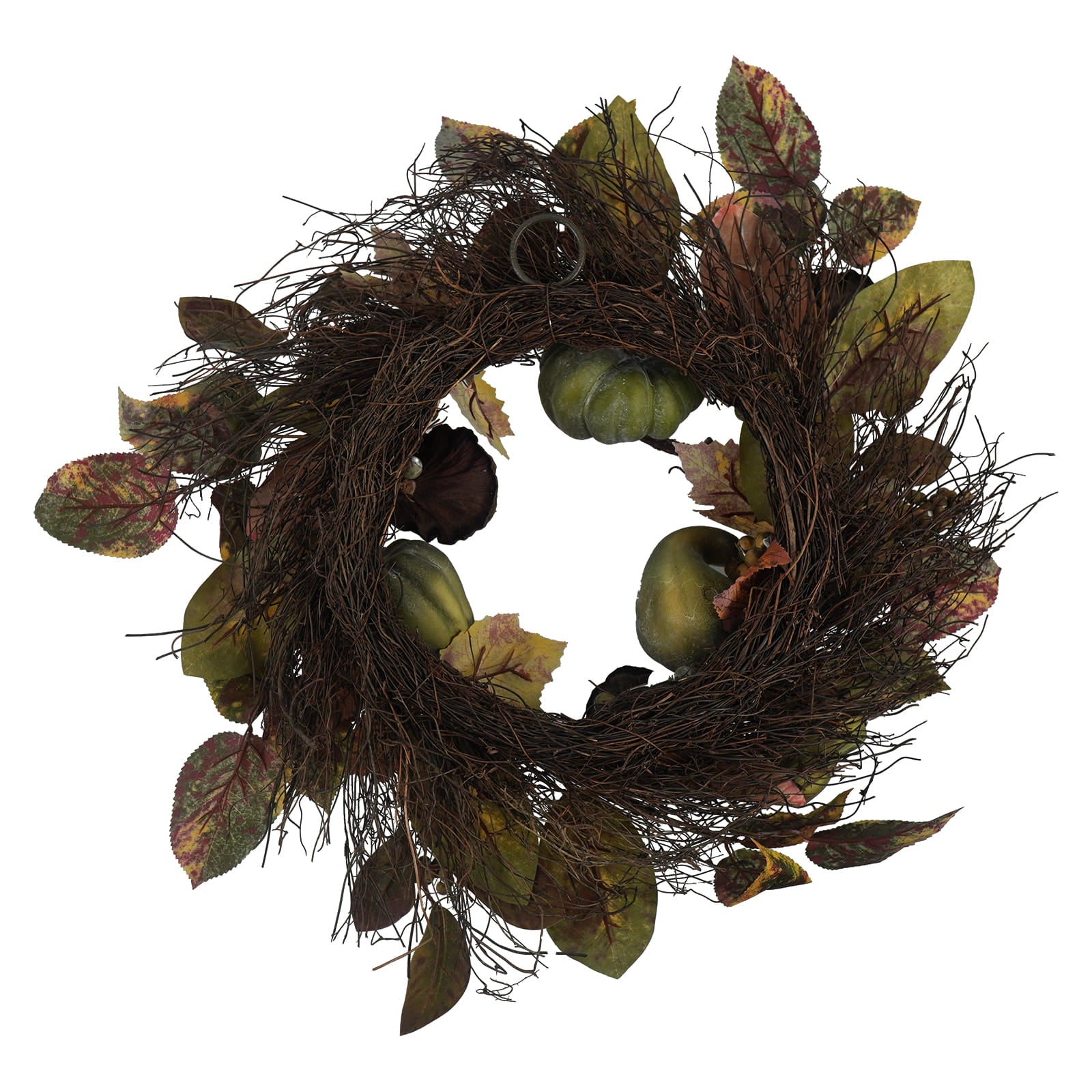 An autumn-themed artificial wreath with a dark brown twig base, green and brown leaves, and small decorative pumpkins, isolated on a white background.