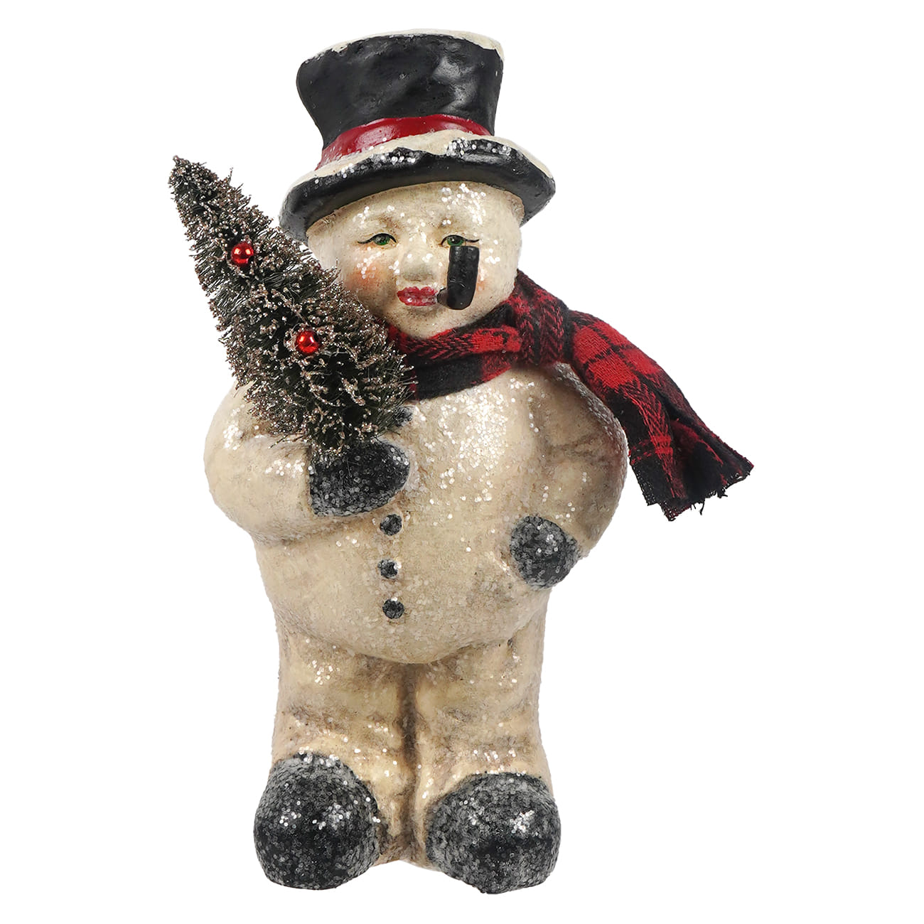 A vintage-style snowman figurine with a glittery beige body, black top hat, red and black plaid scarf, and a small black pine tree, isolated on a white background.