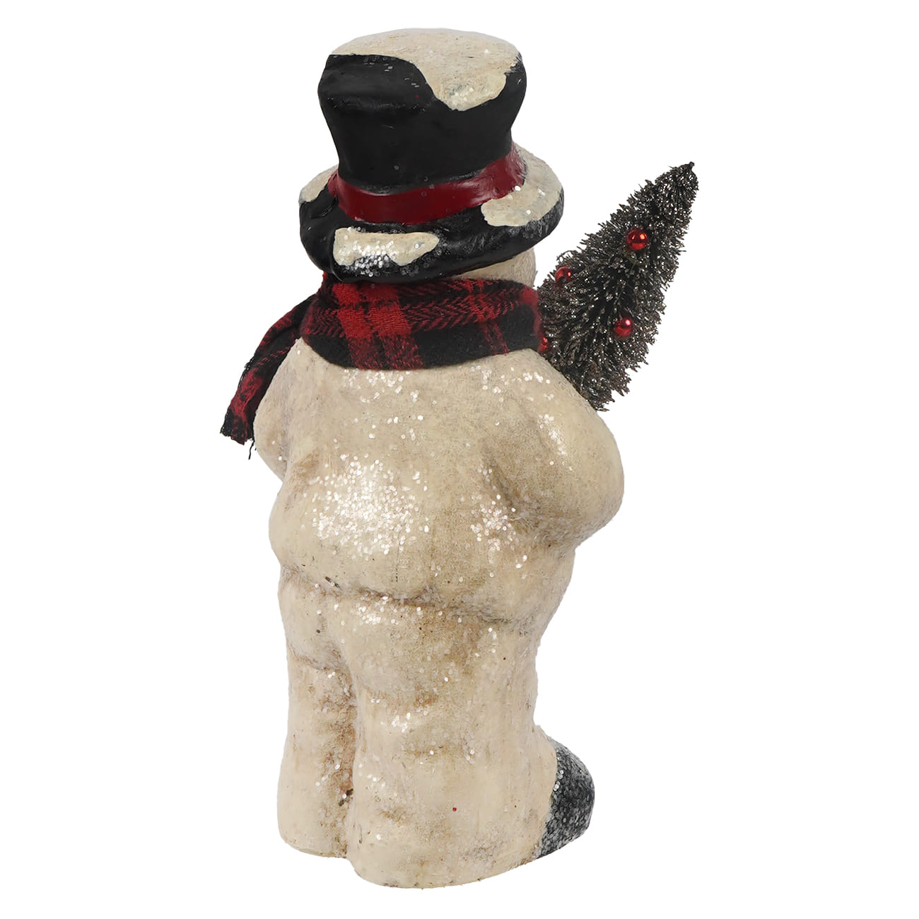 Back view of glittery snowman figurine shown from the back, wearing a black top hat with a red band, a red and black plaid scarf, and holding a small black Christmas tree with red ornaments, isolated on a white background.