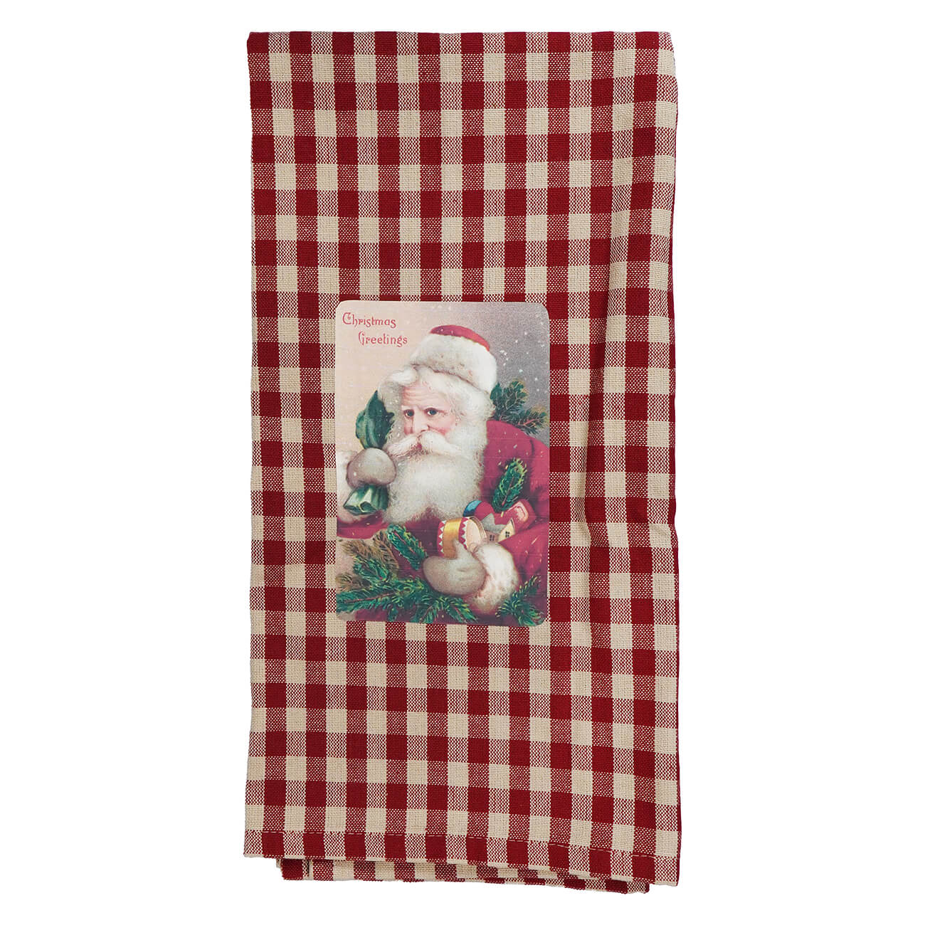 "Christmas Greetings" Traditional Santa With Gifts Red Towel