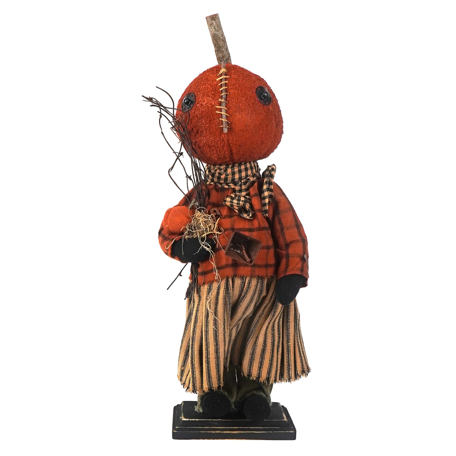 Prudence Pumpkin Head Girl Wearing Striped Skirt & Holding Pumpkin
