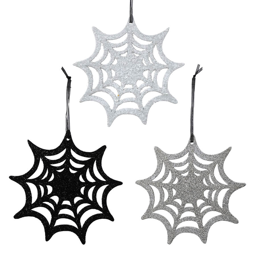 Glittered Black, White & Silver Spider Web Ornaments Set/3