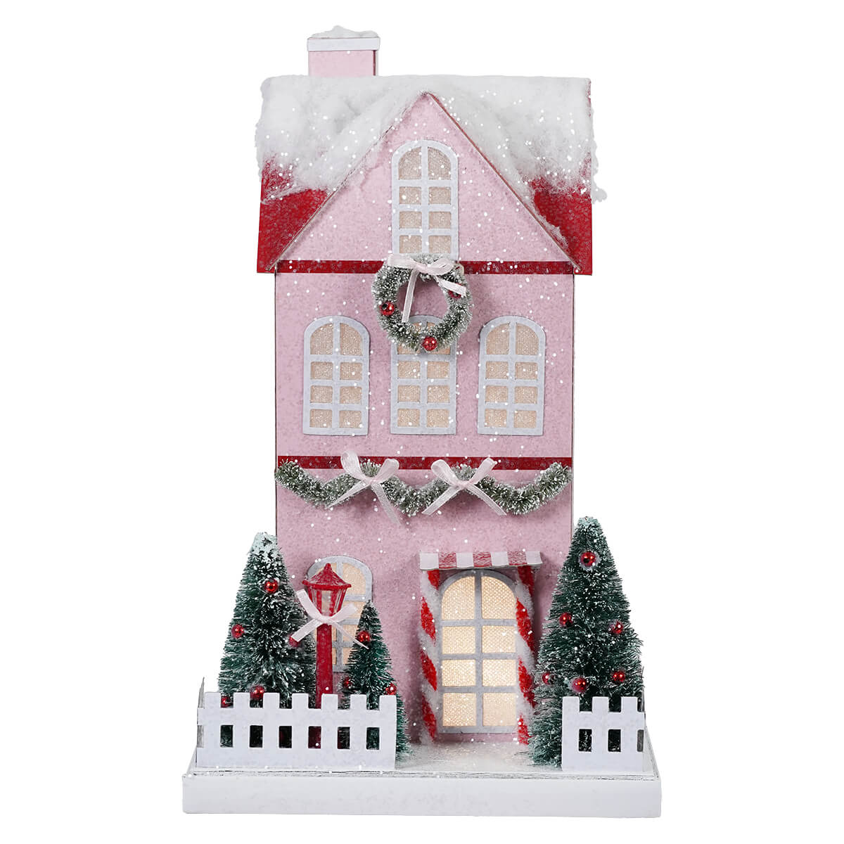 Lighted Winter Pink Paper House With Lamp Post