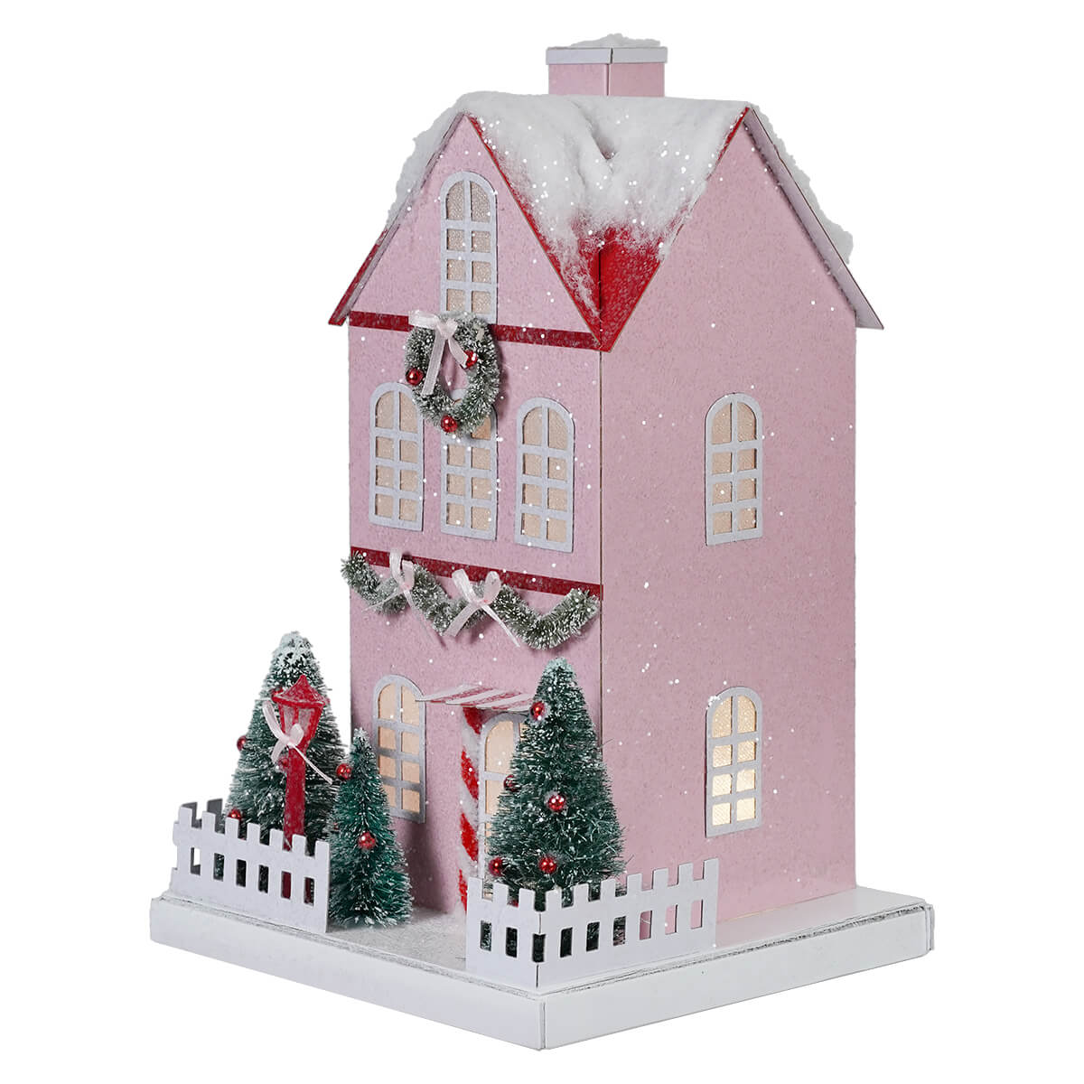 Lighted Winter Pink Paper House With Lamp Post
