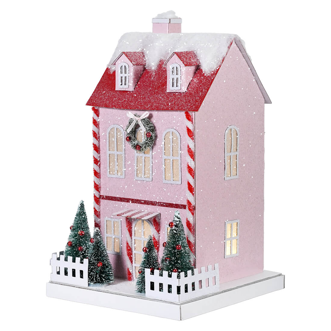 Lighted Winter Candy Cane Pink Paper House