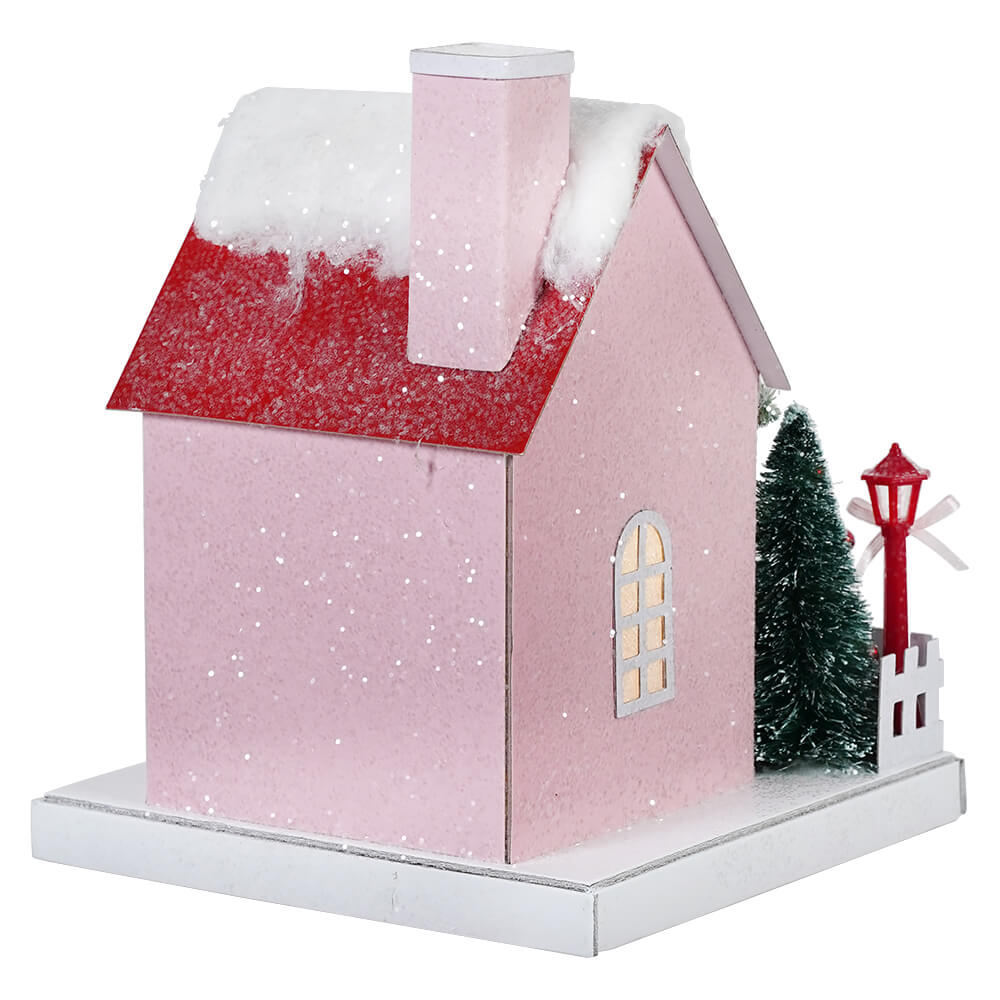 Lighted Christmas Pink Paper House With Lamp Post