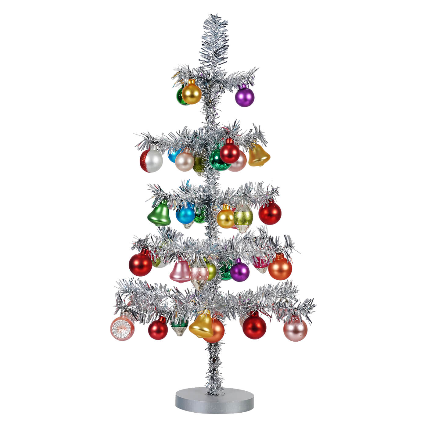 Vintage Silver Tinsel Tree With Ornaments