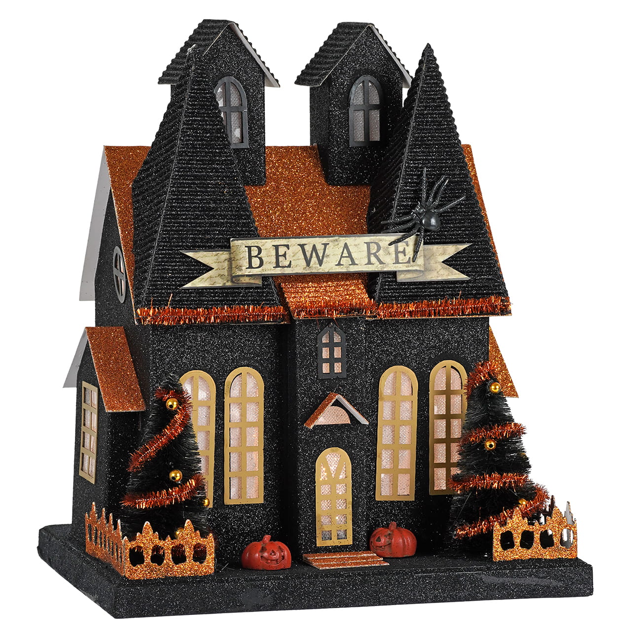 11.5" Black & Gold Lighted "Beware" Haunted House With Orange Accents
