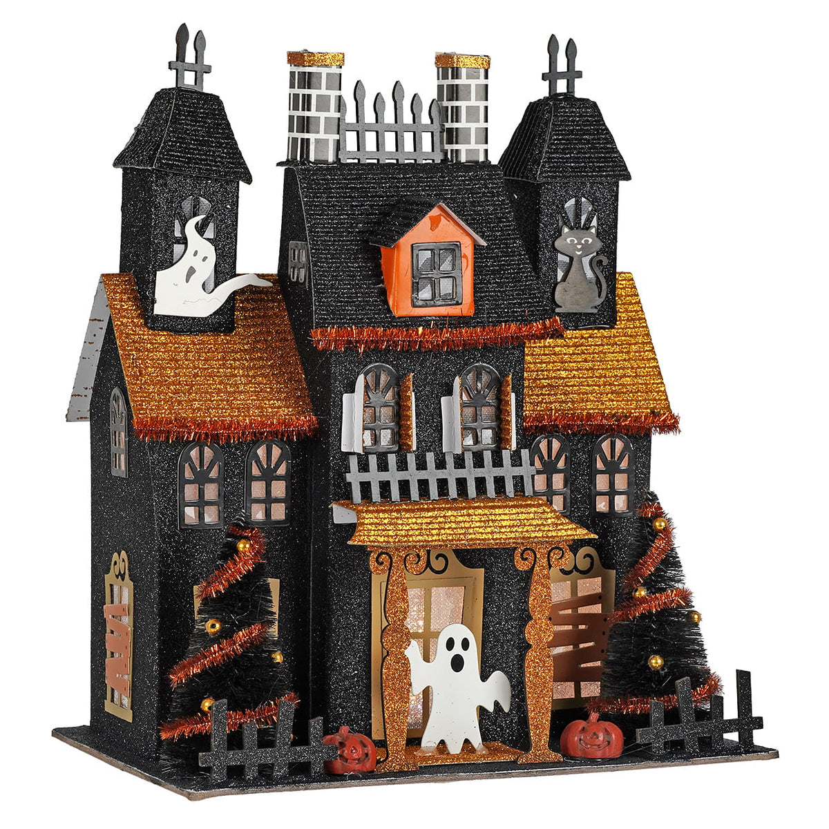 11.5" Black & Gold Lighted Haunted House With Orange Accents