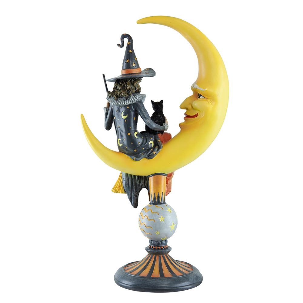 Witch Sitting Upon Crescent Moon Holding Black Cat