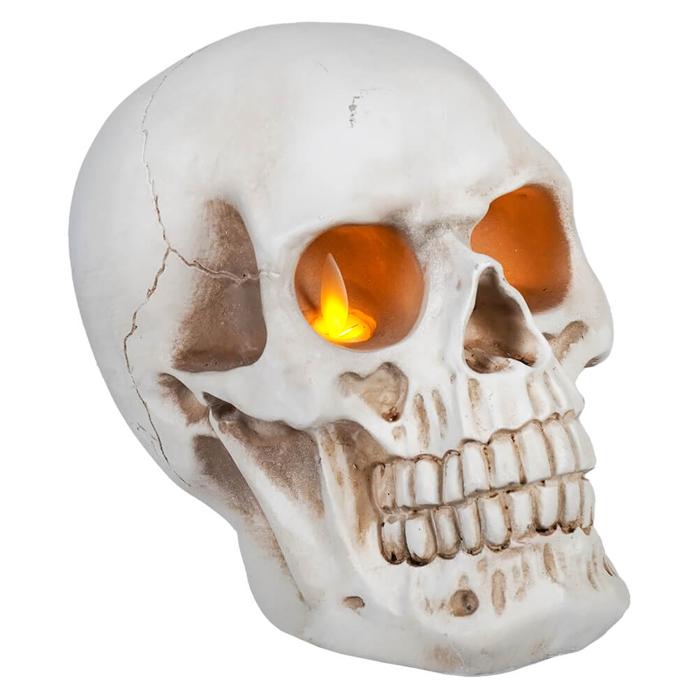 Lighted Skull With Flicker Flame Candle Eyes