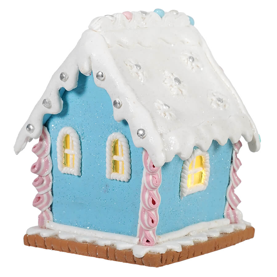 Snowman Lighted Blue Gingerbread House