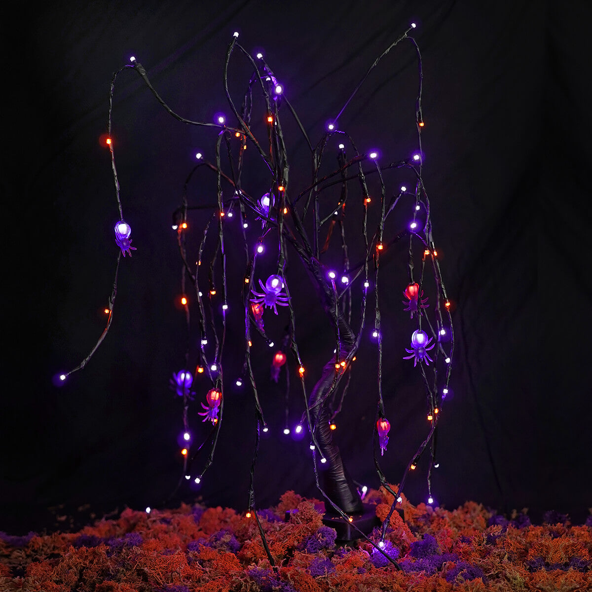 Purple & Orange Lighted Black Tabletop Spider Tree