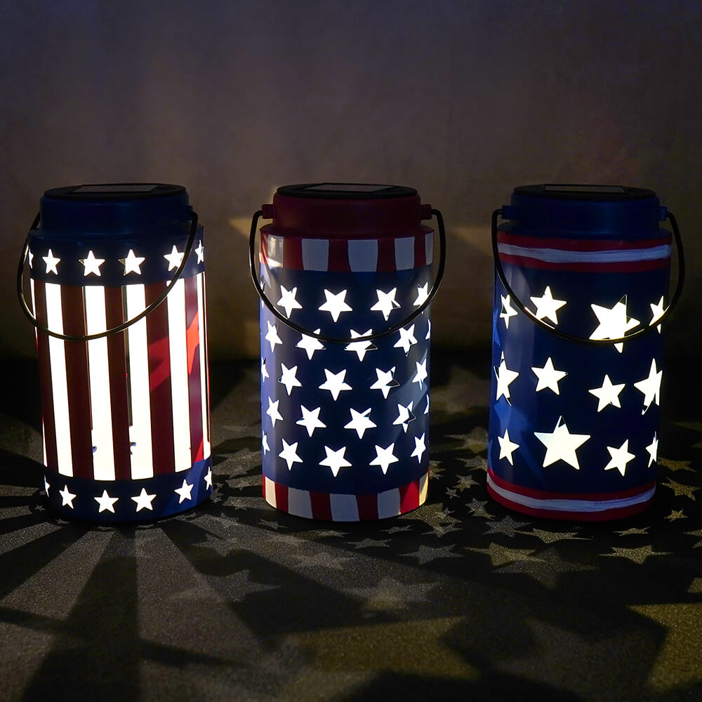 Solar Lighted Metal Americana Lanterns Set/3