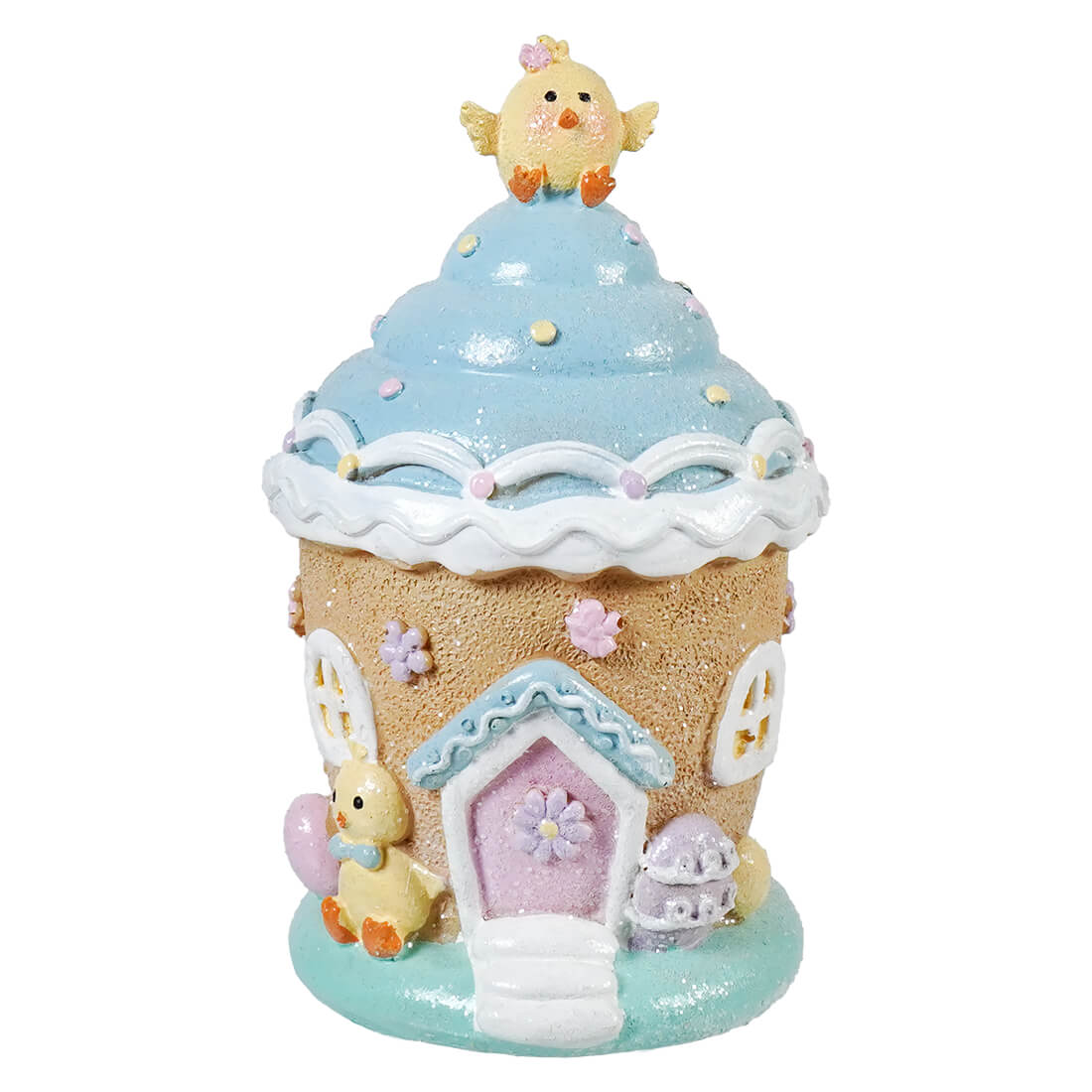 6.5" Lighted Resin Easter Chick Blue Ice Cream House