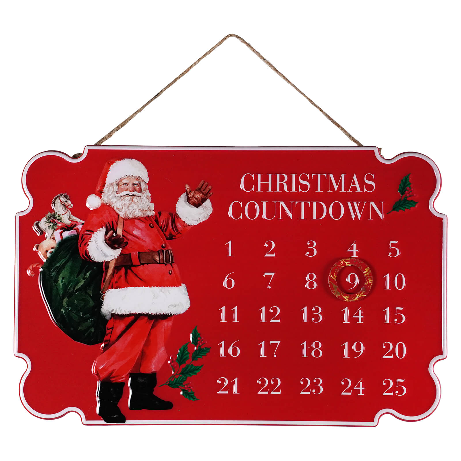 13.5" Metal Embossed Holiday Santa Design Christmas Countdown Calendar