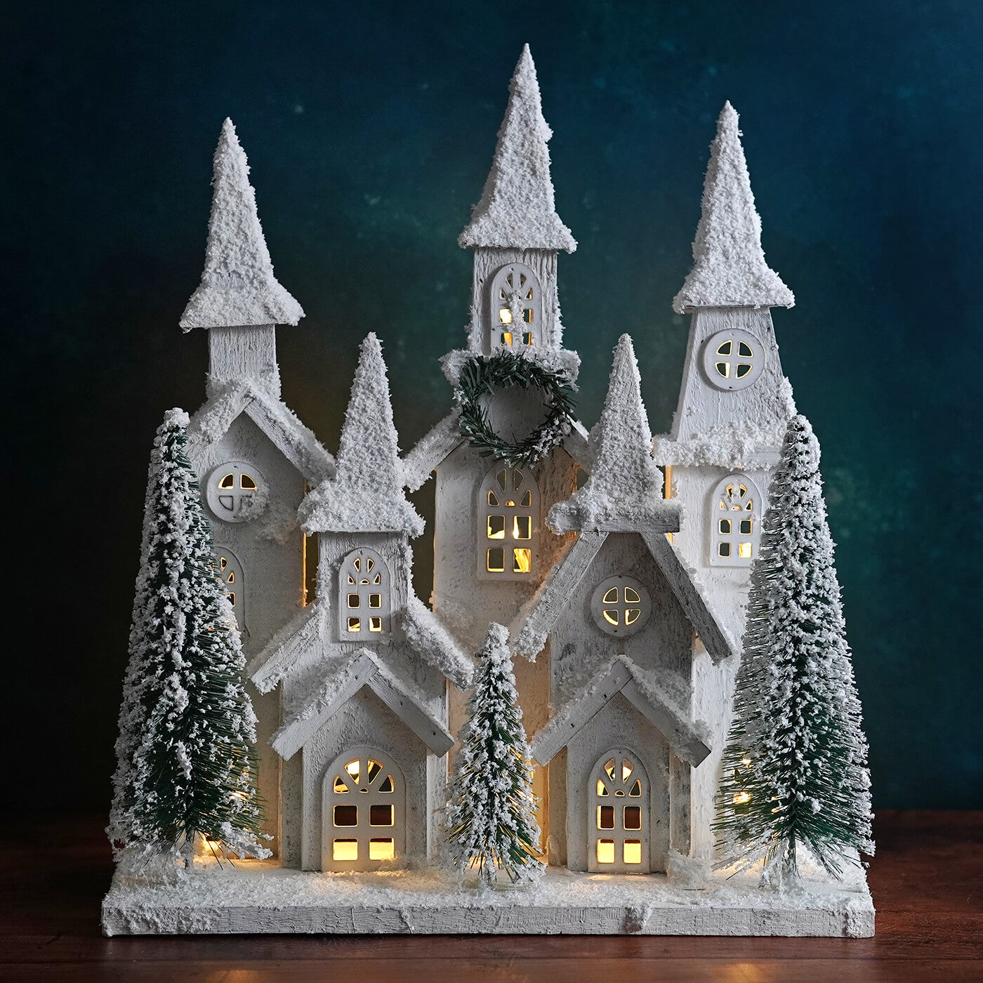 16" LED Lighted Winter Holiday Frosted Wood House With Bottle Brush Trees